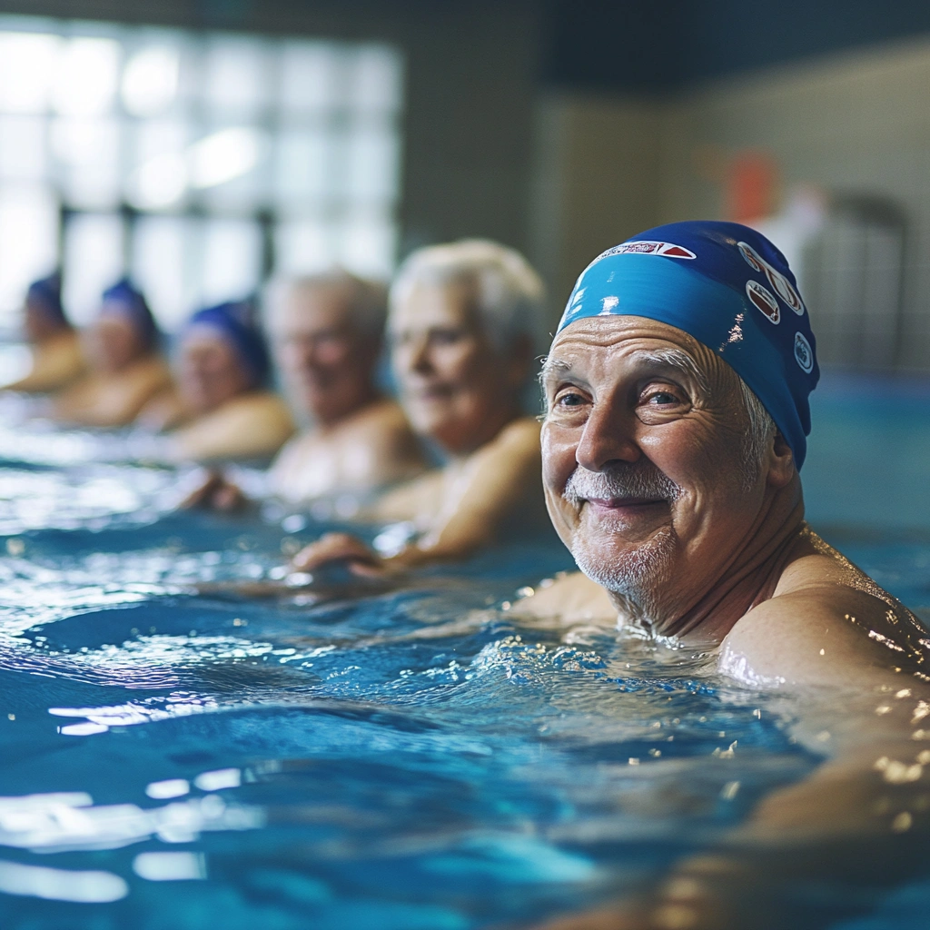 Група літніх людей займається аквафітнесом у басейні