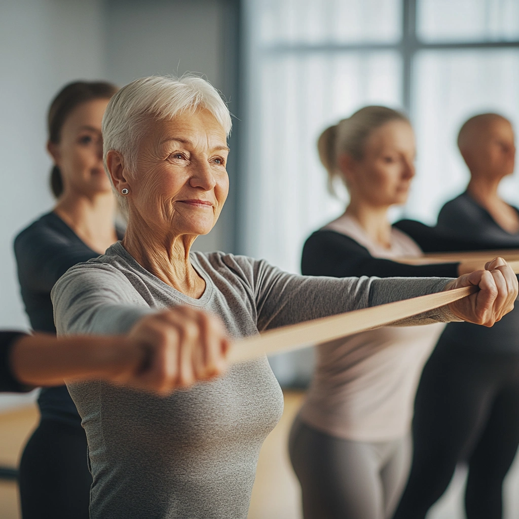 Літні люди виконують легкі фізичні вправи під наглядом тренера