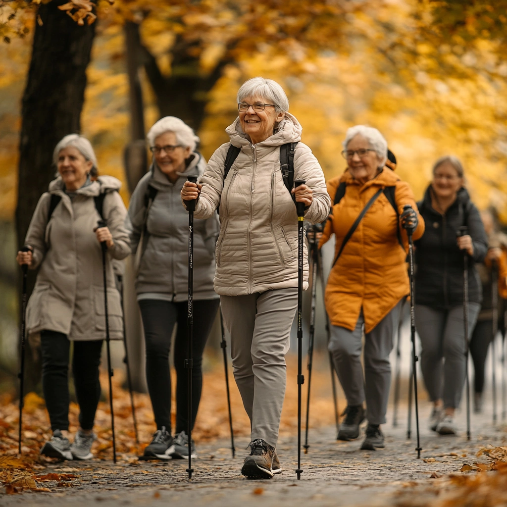 Група пенсіонерів займається скандинавською ходьбою в парку