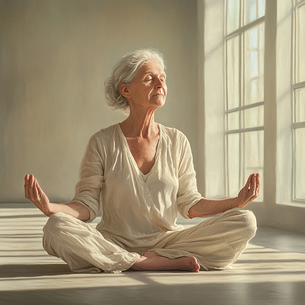 Літня жінка практикує йогу