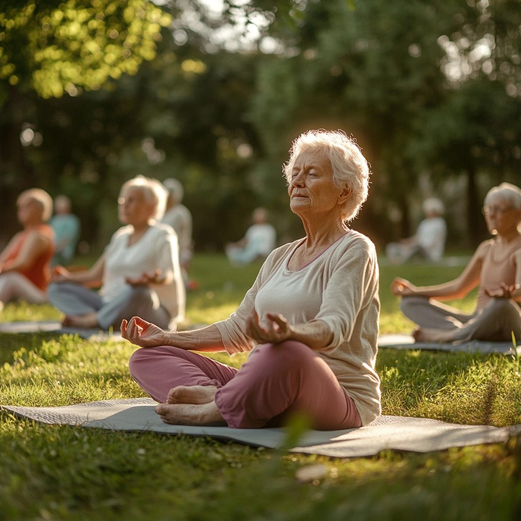 Літні люди практикують йогу в парку